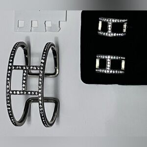 Elegant Clear Stones Set In Brass Cuff Bracelet & Earrings for Pierced Ears Set.